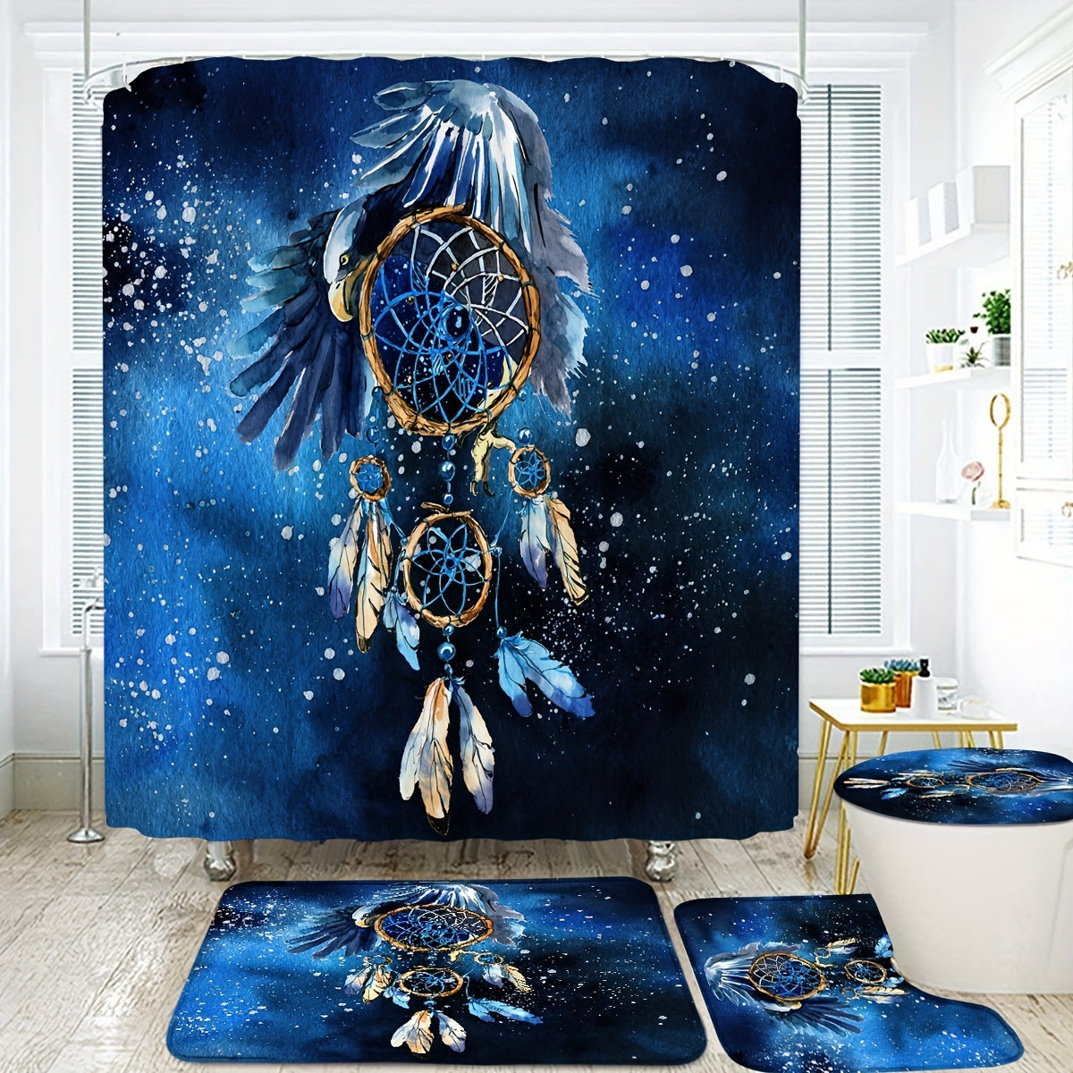 Dream Catcher and Feathers Patterned Shower Curtain Set with 12 Hooks, Water-Resistant Polyester Fabric, Includes Non-Slip Bath Mat, Toilet Lid Cover, and U-Shaped Rug, Decorative Tub Divider Curtain for Modern Home Bathroom Decor - Machine Washable