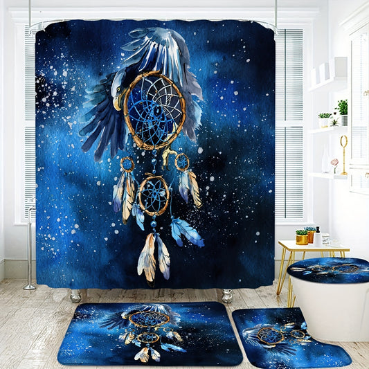 Dream Catcher and Feathers Patterned Shower Curtain Set with 12 Hooks, Water-Resistant Polyester Fabric, Includes Non-Slip Bath Mat, Toilet Lid Cover, and U-Shaped Rug, Decorative Tub Divider Curtain for Modern Home Bathroom Decor - Machine Washable