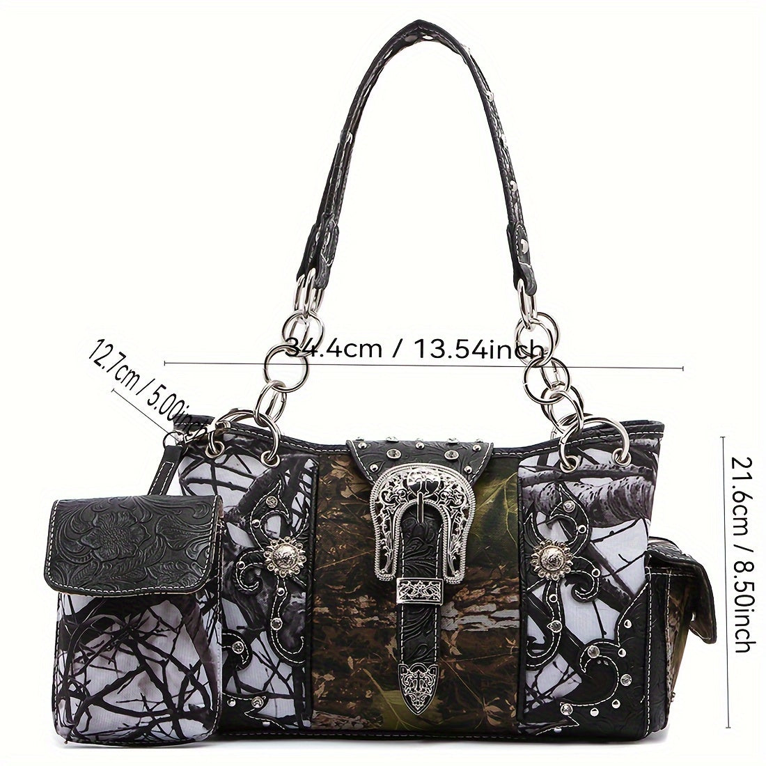 Western Style Camouflage Handbag, Concho Buckle Tooled Floral Country Studs Crossbody Women's Tote, Shoulder Bag, Purse Set