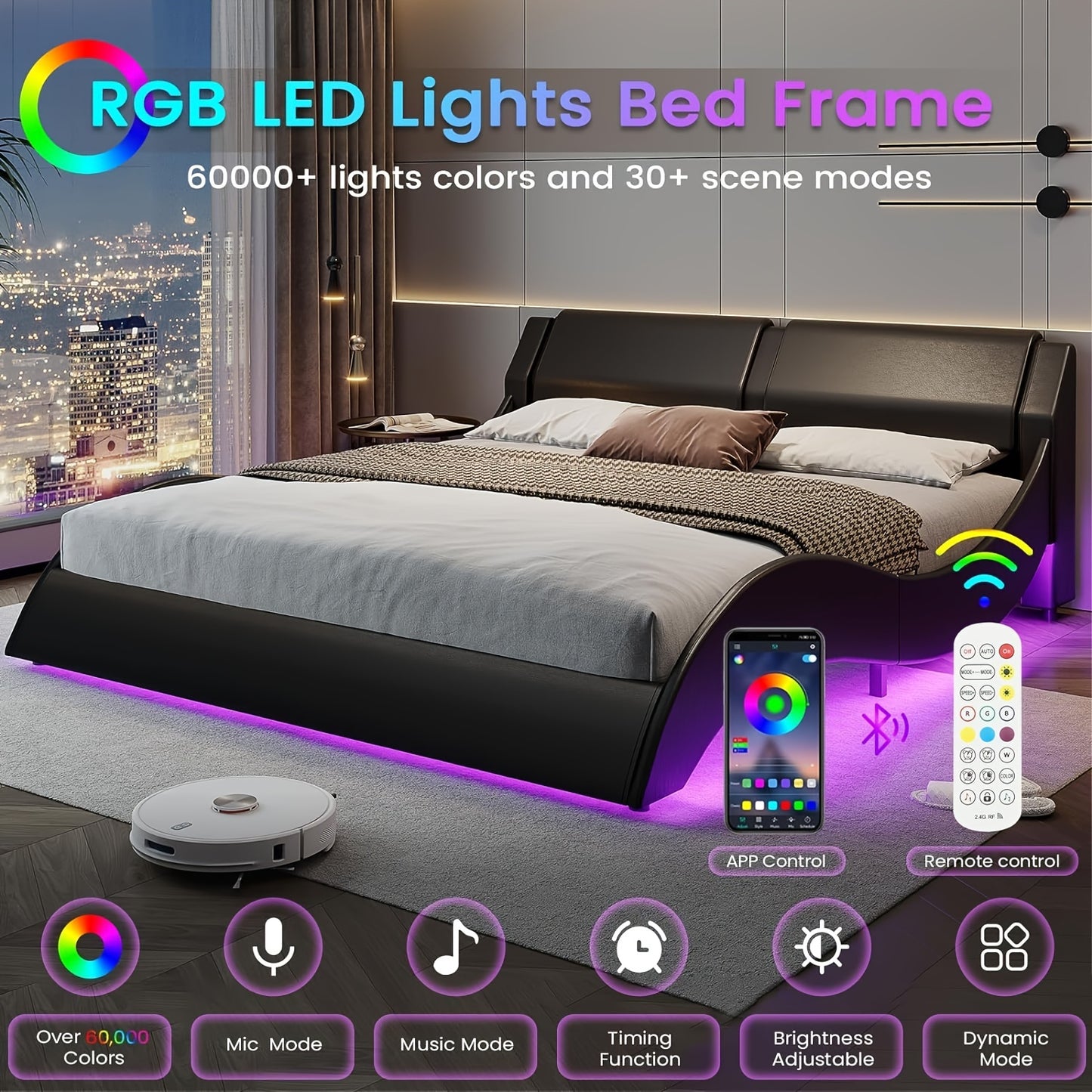 King Bed Frame with Headboard and Led Lights Modern Cali King Led Bed Frame with USB & Type-c Ports,No Box Spring Needed,Black