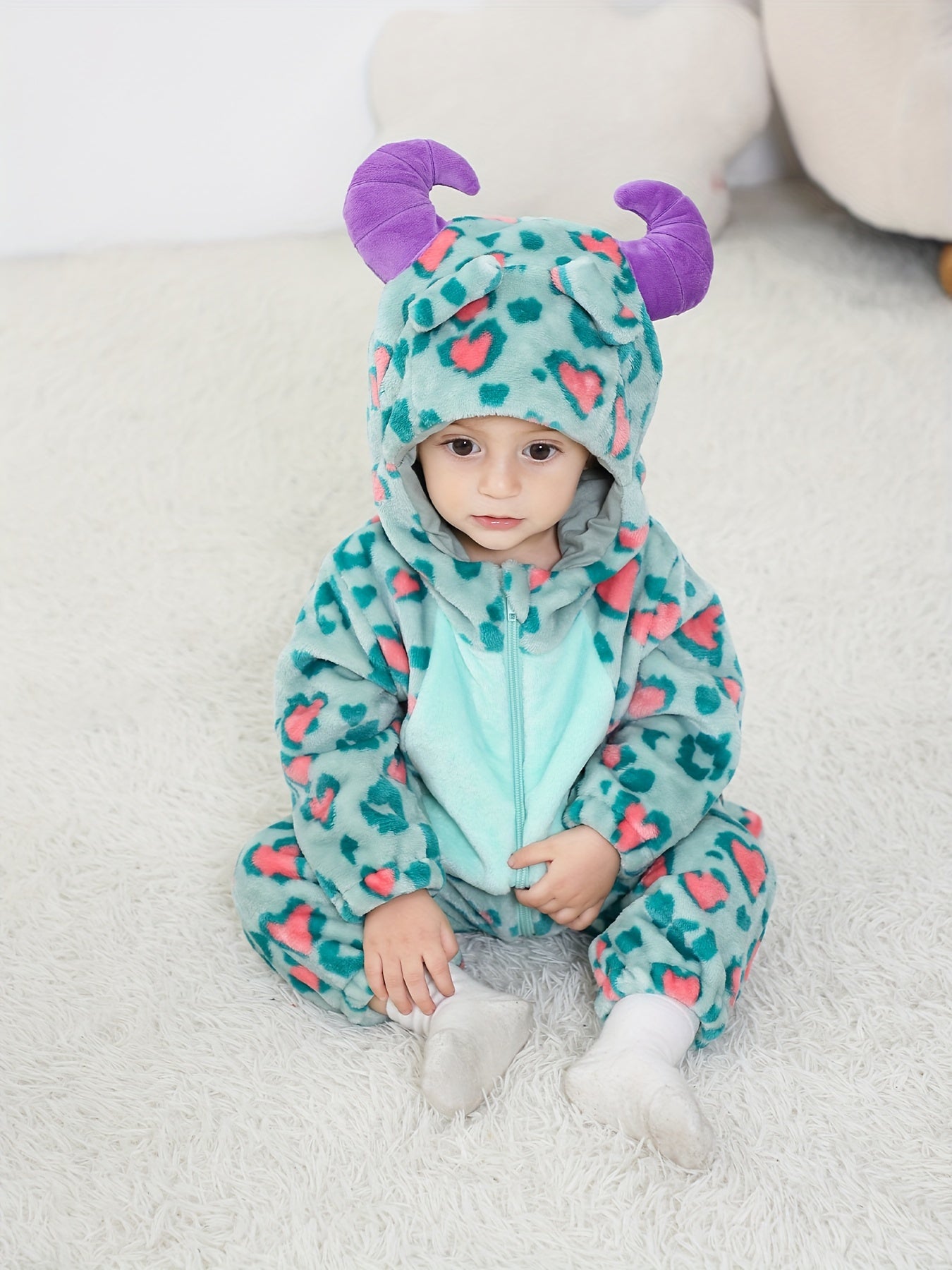 Cute Little Monster Hooded Bodysuit for Toddler Boys & Girls, Zip-Up Party Cosplay Jumpsuit