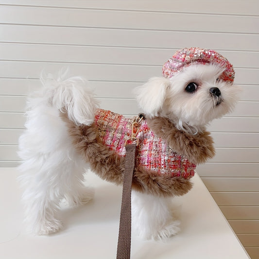 Luxury Dog Clothes, Spring And Autumn Plaid Cape With Leash And Beret Set For Dog, Coat Basic And Chic Tweed Fabric, Chest Adjustable, Pet Clothes