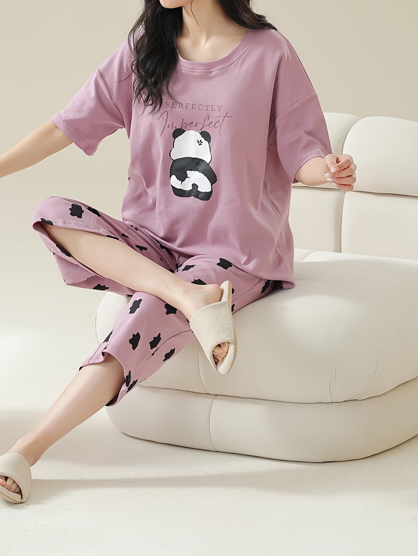 Women's Cute Panda & Polka Dot Print Loose Fit Pajama Set, Drop Shoulder Short Sleeve Round Neck Padded Top & Capri Pants, Comfortable Relaxed Fit