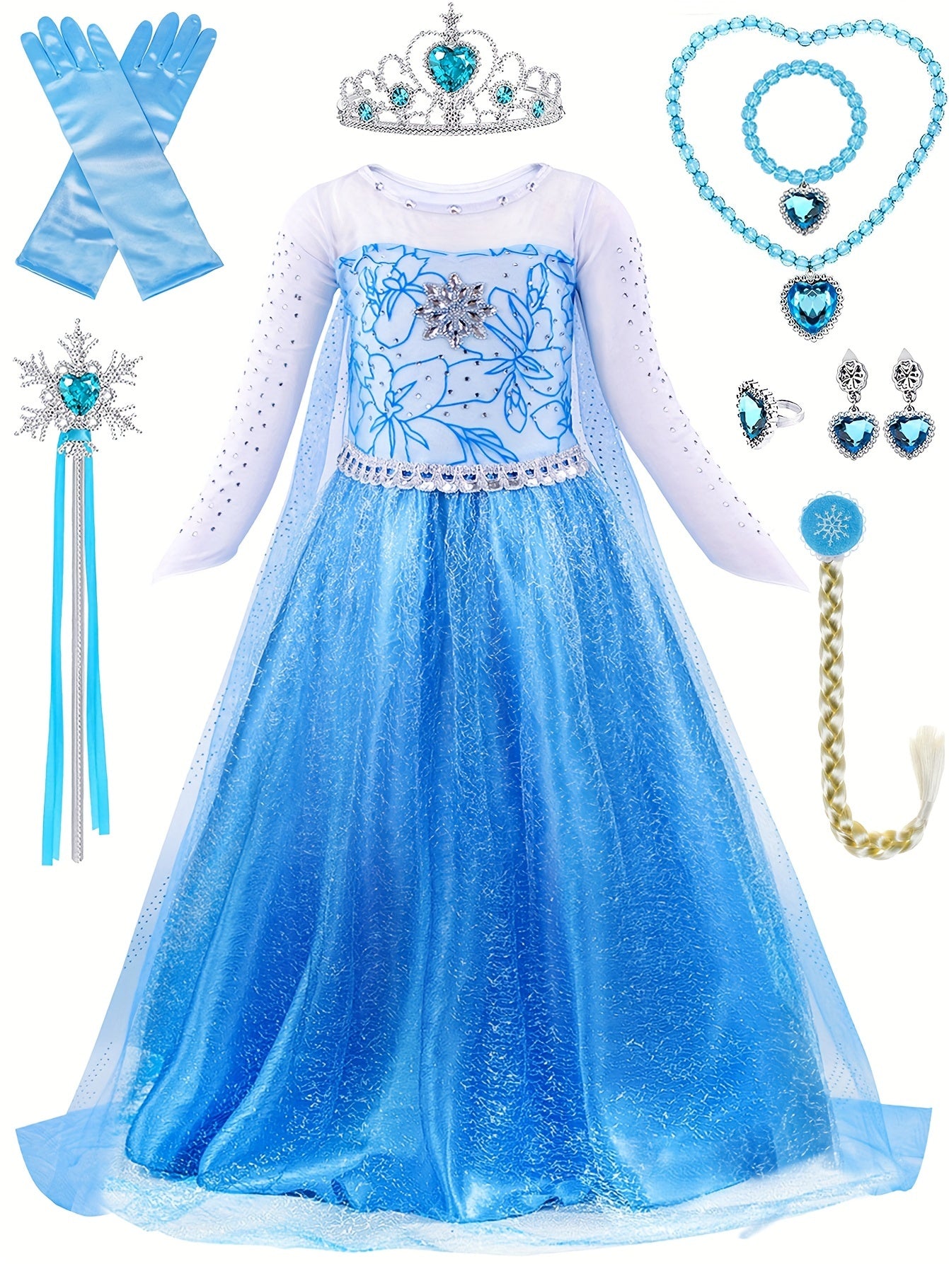 Elsa Princess Costume for Girls, Queen Dress Up Set with Wig, Crown, Mace, Gloves, Halloween Party Accessories