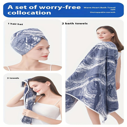 Ultra-Soft Coral Fleece Towel Set - 3pcs, Includes Large Bath Towel & Hair Drying Cap, Thick & Absorbent with Exquisite Ink Painting Design, Extra Large Size for Full Coverage