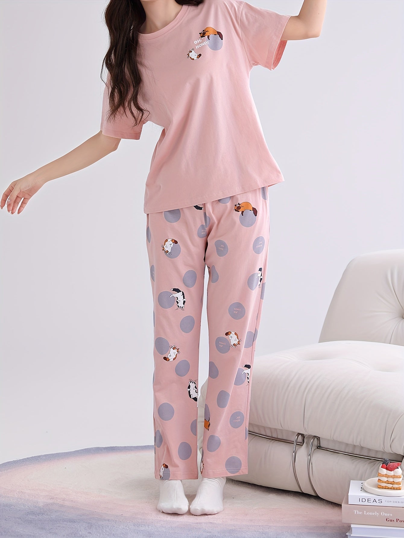 Cute Cat & Dot & Letter Print Lounge Set, Short Sleeve Round Neck Top & Elastic Pants, Women's Loungewear