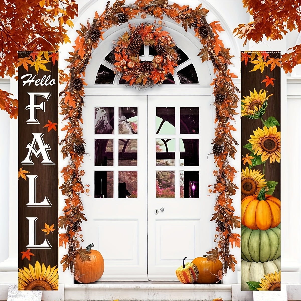 Hello Autumn" 2pcs Porch Banner Set - Maple Leaf & Sunflower Design, Welcome Front Door Decor, Seasonal Farmhouse Thanksgiving Outdoor Decoration, Durable Polyester