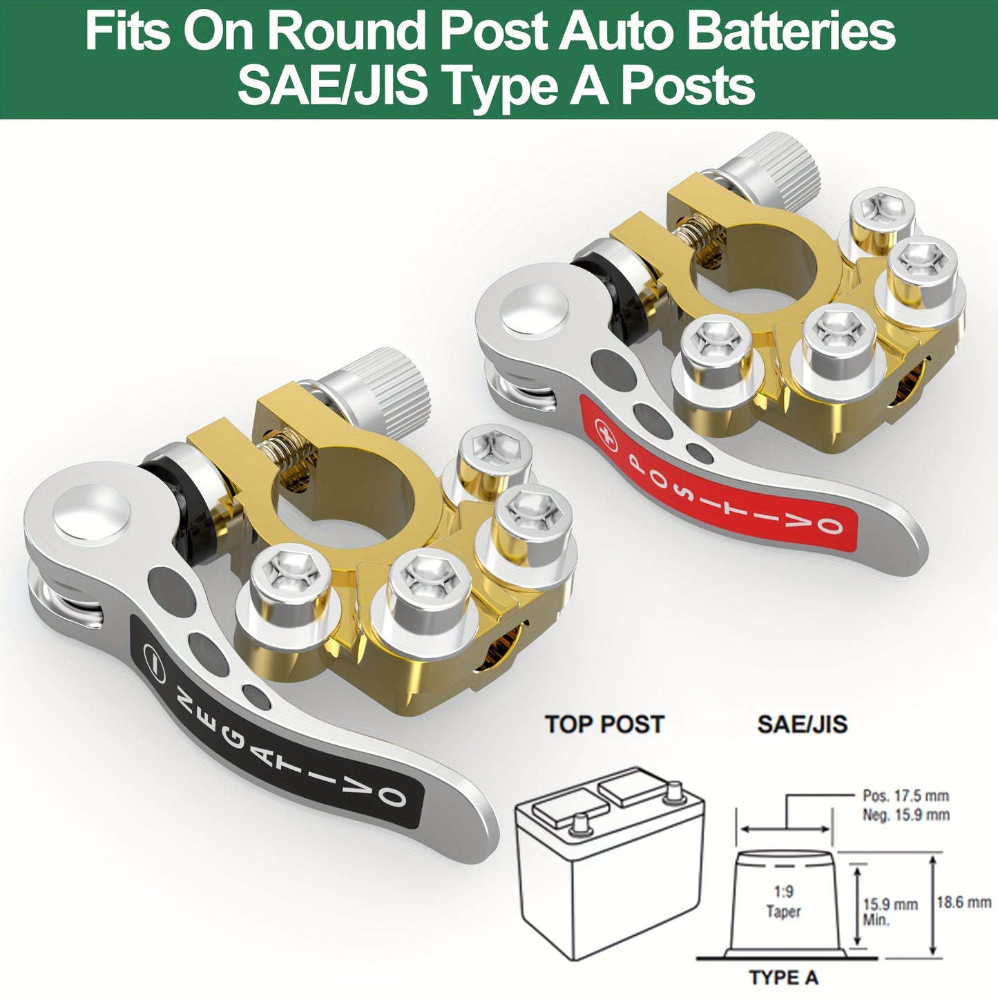 LotFancy Battery Terminal Connectors, Solid Brass, 2PCS Quick Release Disconnect Car Battery Terminal, Positive Negative for SAE/JIS Type A Posts