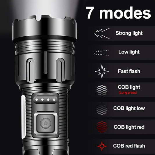 1 powerful tactical rechargeable LED flashlight, 7-mode high brightness flashlight, COB work light, handheld flashlight, suitable for emergency situations, hiking, camping, camping equipment