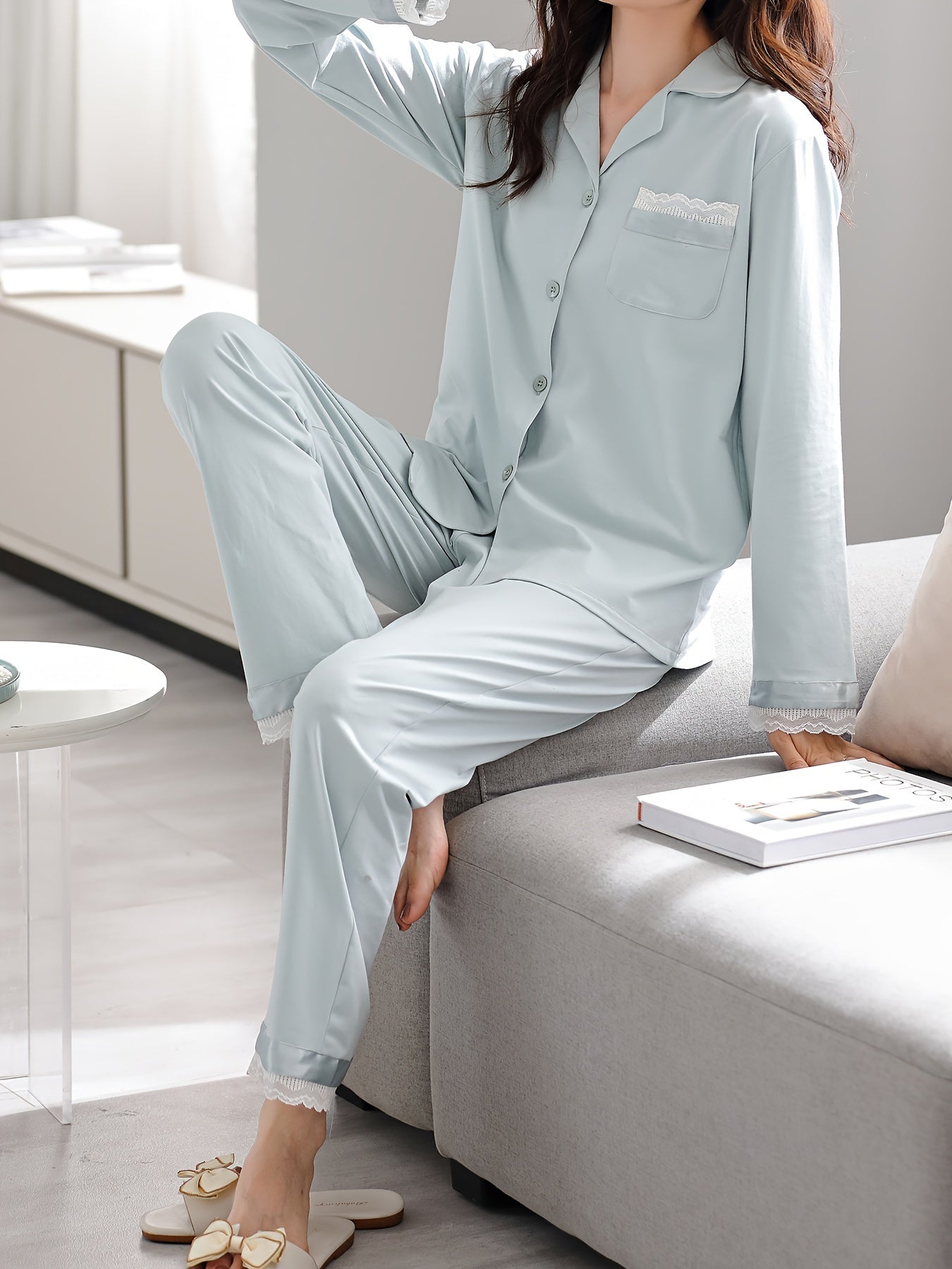 Women's Long Sleeve Pajama Set, Casual Loungewear, Loose Fit Top And Pants, Comfortable Button-up Sleepwear, Simple Style Homewear - Ideal For Home & Outdoor Use