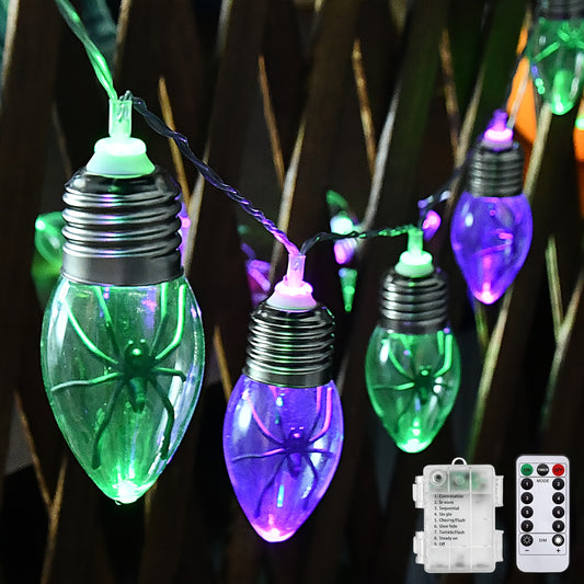 9.8FT Halloween Decorations 20 LED Clear Blubs Spider String Lights with Timer, 8 Light Modes for Wall Window Halloween Home Party Holiday Bar Decor (Purple, Green)