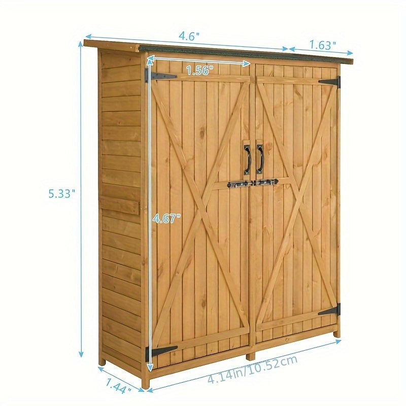 1pc Fir Wood Shed, Garden Storage Shed, Wood Color& Green, Wooden Storage Shed, Garden Tool Storage Cabinet