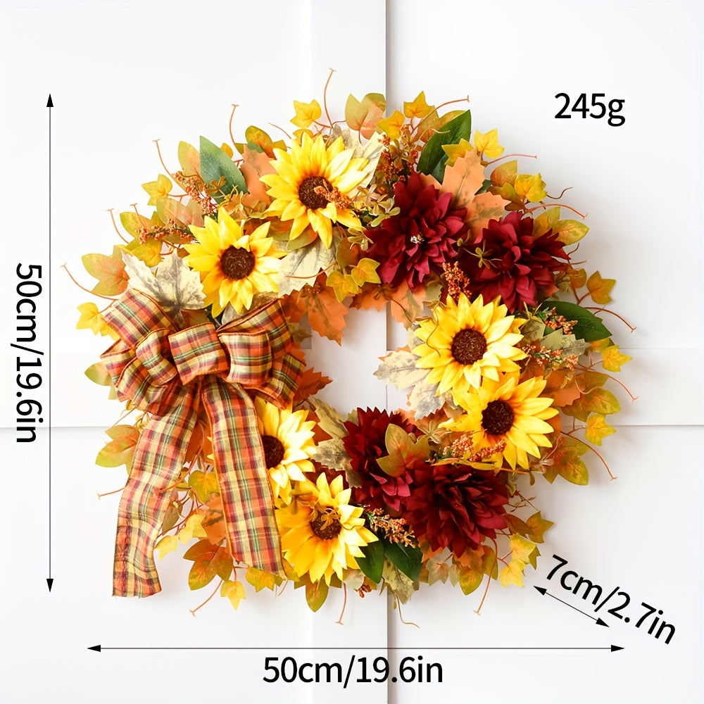 Autumn Harvest Wreath: Classic Sunflowers and Leaves Door Decor, No Feathers, Battery-Free