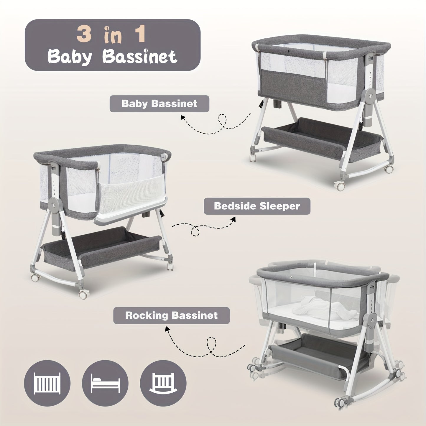 Baby Bassinet, 3 in 1 Bedside Bassinet for Baby with Hanging Toys, Portable Foldable Baby Bassinets Bedside Sleeper, 4-Sided Mesh Bedside Crib with Wheels and Storage Basket, 7 Height Adjustable   Grey