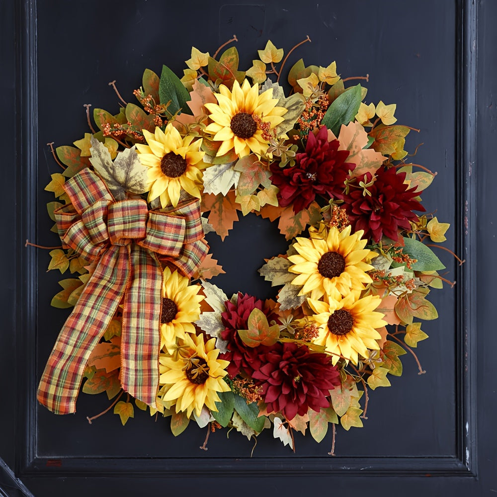 Autumn Harvest Wreath: Classic Sunflowers and Leaves Door Decor, No Feathers, Battery-Free