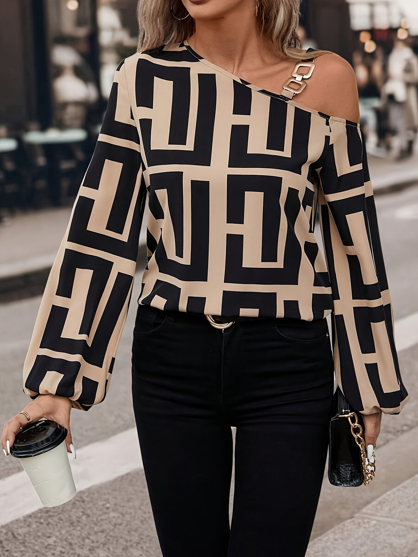 Elegant Geometric Print Blouses & Shirts Women 2024 Autumn New Skew Neck Off Shoulder Long Sleeve Pullover Top Casual Streetwear