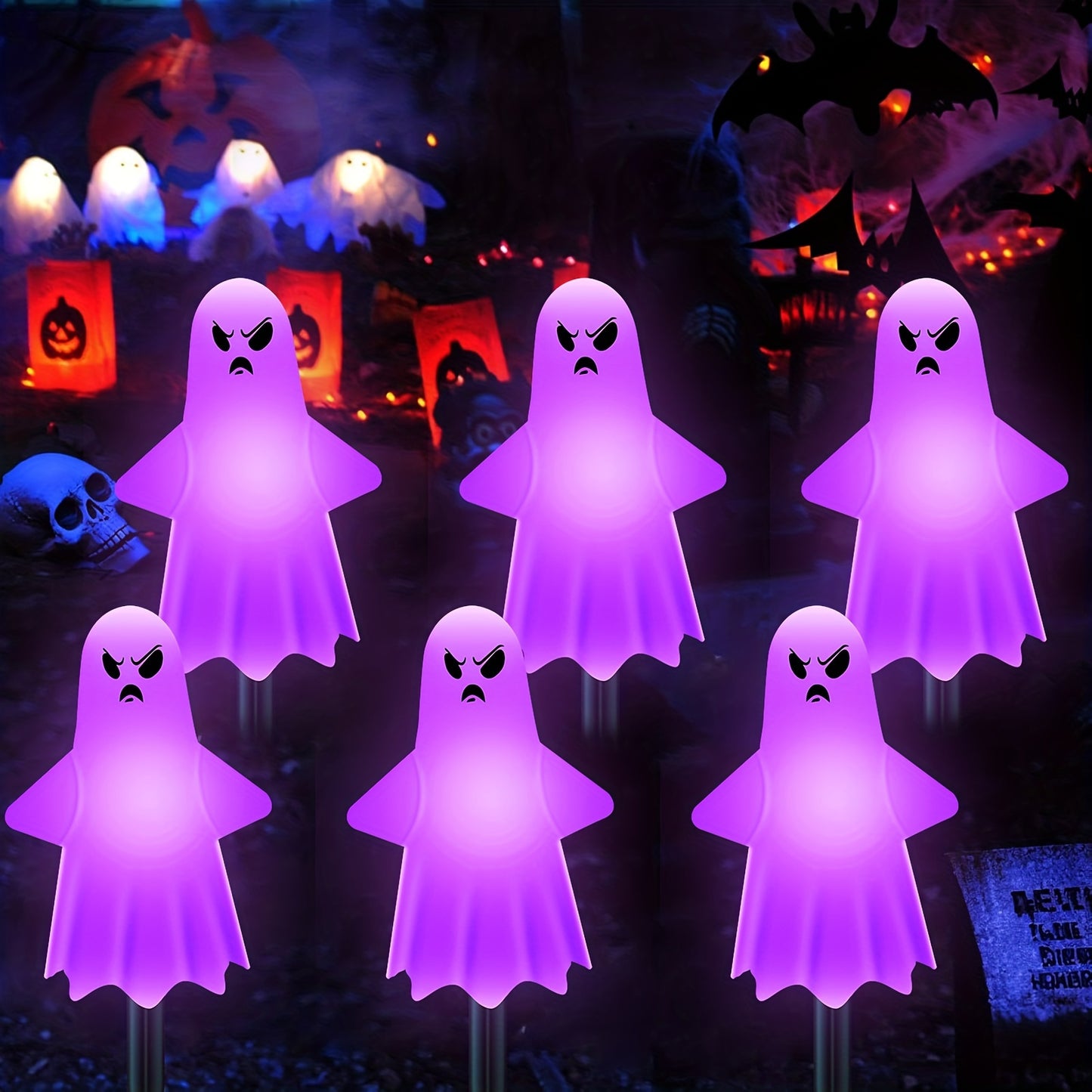 Anylincon 12pcs Solar-Powered Ghost Lights - Perfect For Halloween & Day Of The Dead Decor | Spooky Heads With 8 Lighting Modes | Ideal For Pathways, Landscapes, Yards & Lawns | Durable Plastic, Easy Install