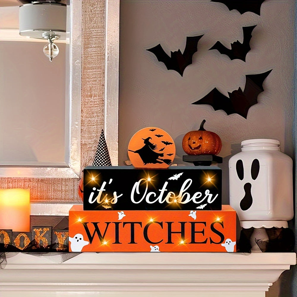 LED-Lit Halloween Wooden Sign - 'It's October Witches' Glowing Centerpiece, Battery-Powered Tabletop Decor for Home