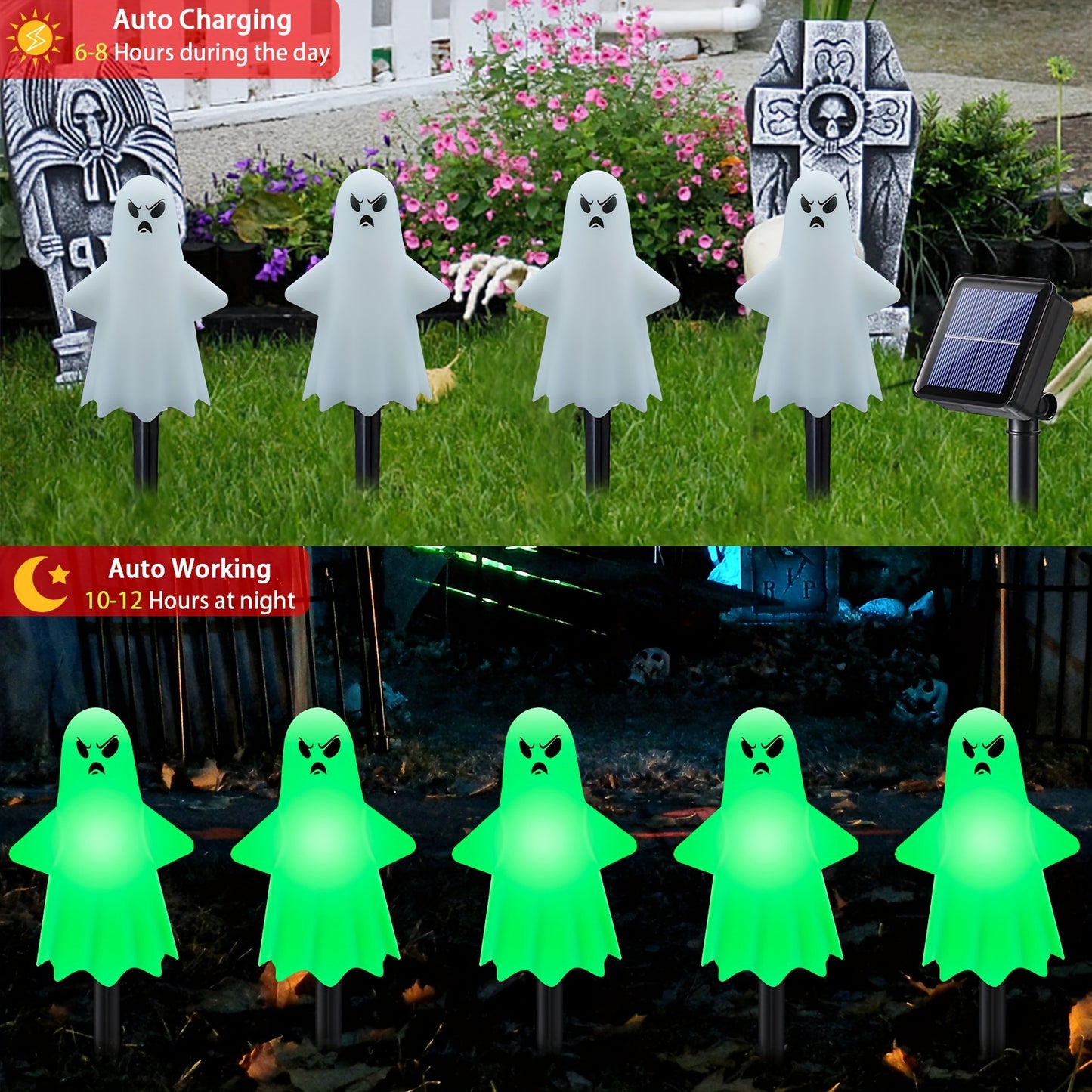 Anylincon 12pcs Solar-Powered Ghost Lights - Perfect For Halloween & Day Of The Dead Decor | Spooky Heads With 8 Lighting Modes | Ideal For Pathways, Landscapes, Yards & Lawns | Durable Plastic, Easy Install