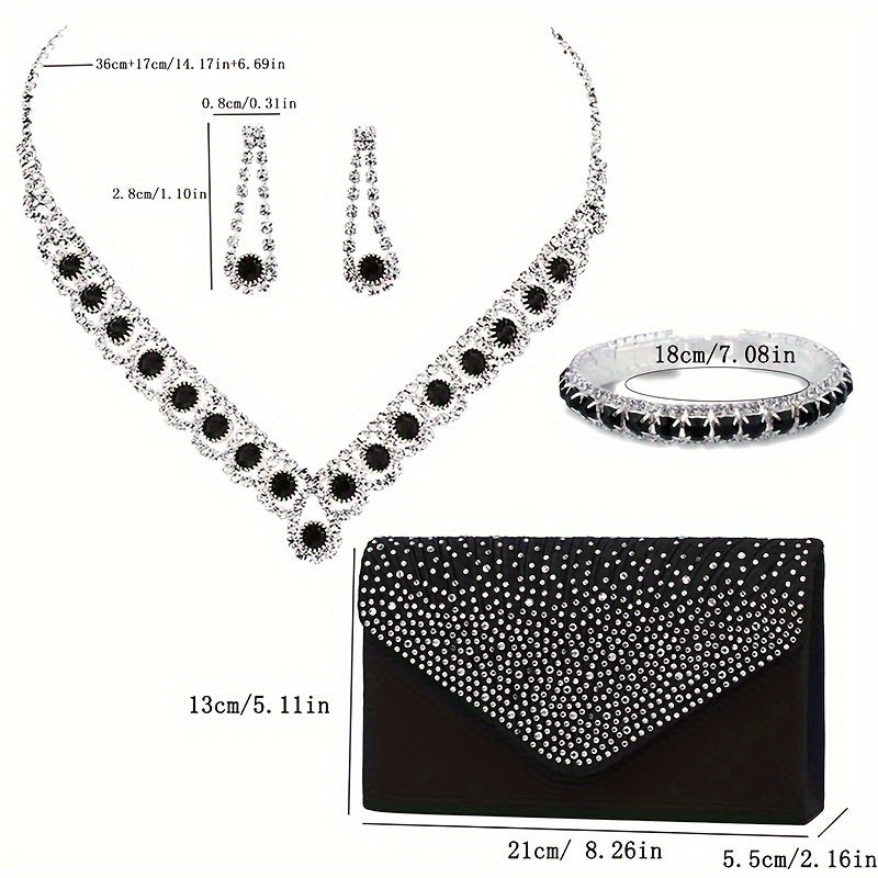 Fashion Ladies Evening Set Includes A Handbag, Two Rhinestone Earrings, A Necklace, Elegant And Luxurious Evening Clutch Bag With Rhinestones, Suitable For Party.