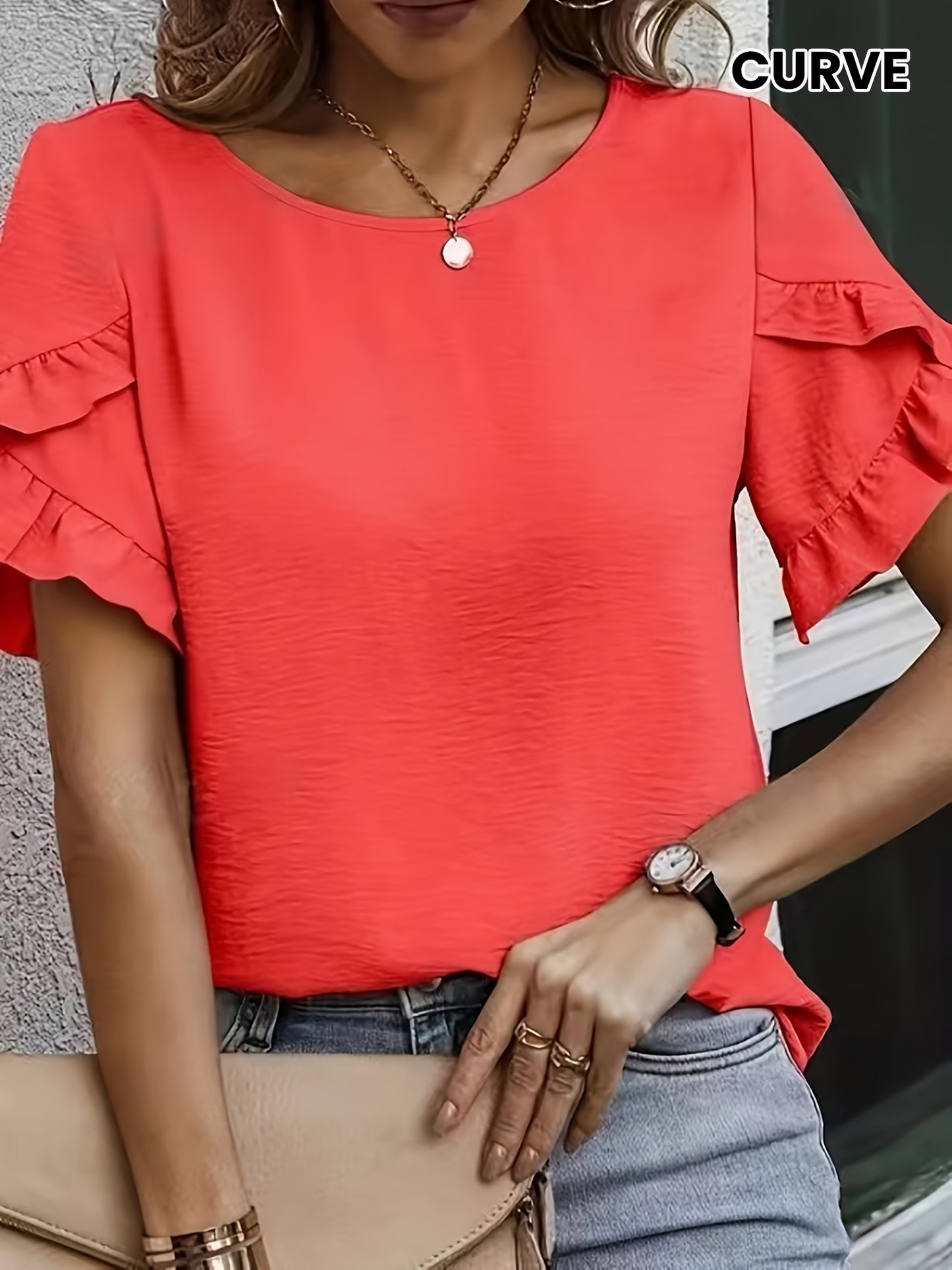 Women's Summer Fashion Loose Round Neck Petal Sleeve Solid Color Elegant Commuter Versatile Casual Shirt