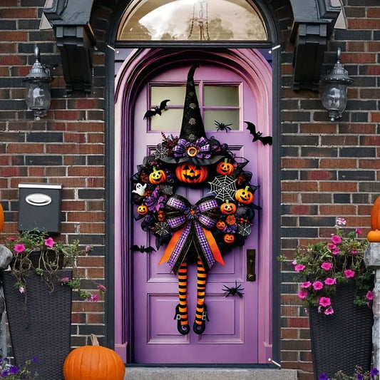 Halloween Door Cover: Witch Wreath Wizard Hat Pattern Design Door Cover, Holiday Decoration Door Cover, Porch Entry Vertical Wall Hanging Door Curtain - 35.4" x 70.8" - Polyester Material - Suitable for Indoor and Outdoor Use - No Power Required