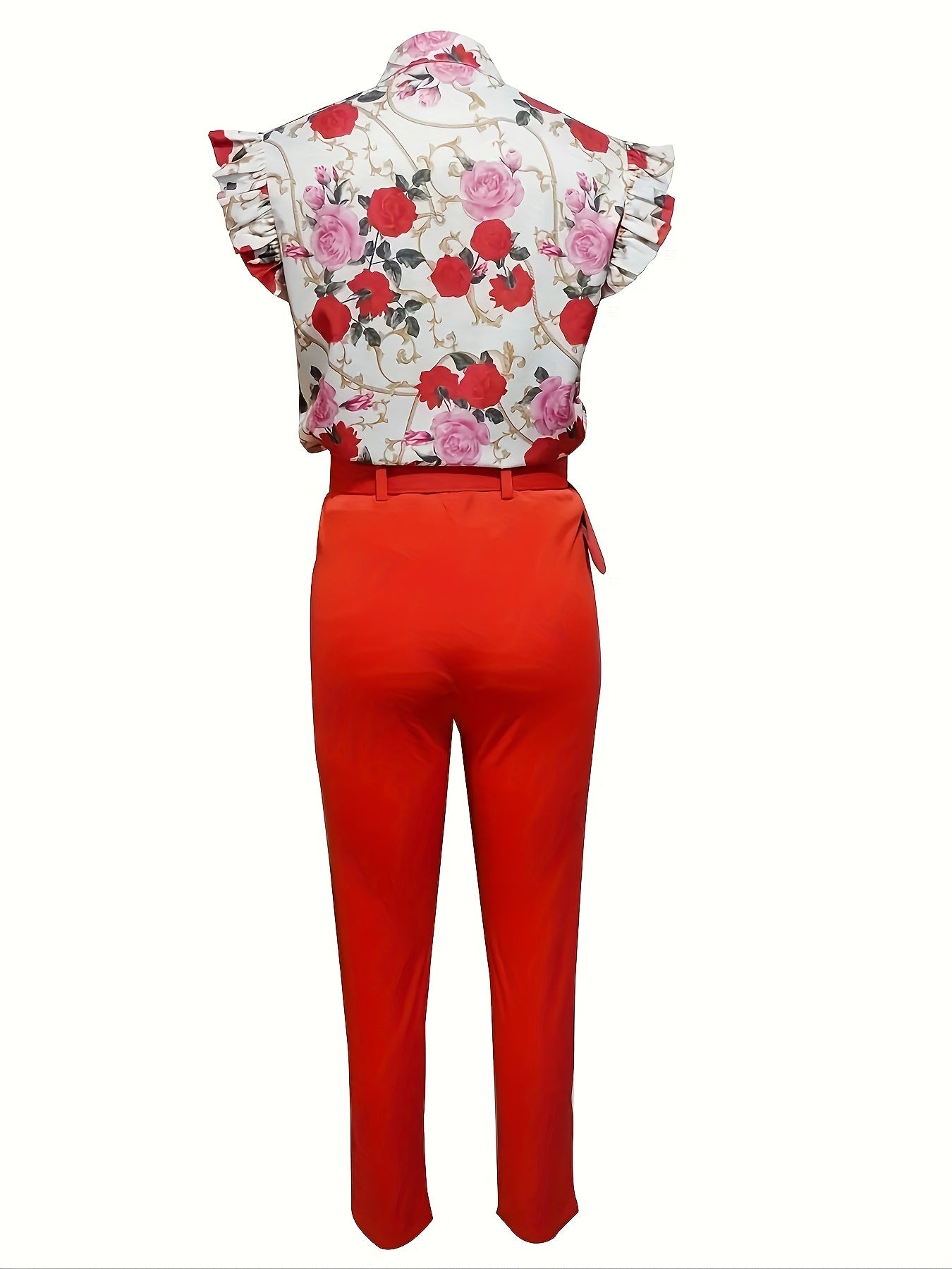 Elegant Floral Print Two-piece Set, Flutter Sleeve Button Front V Neck Blouse & Solid Color High Belt Waist Slim Pants Outfits, Women's Clothing