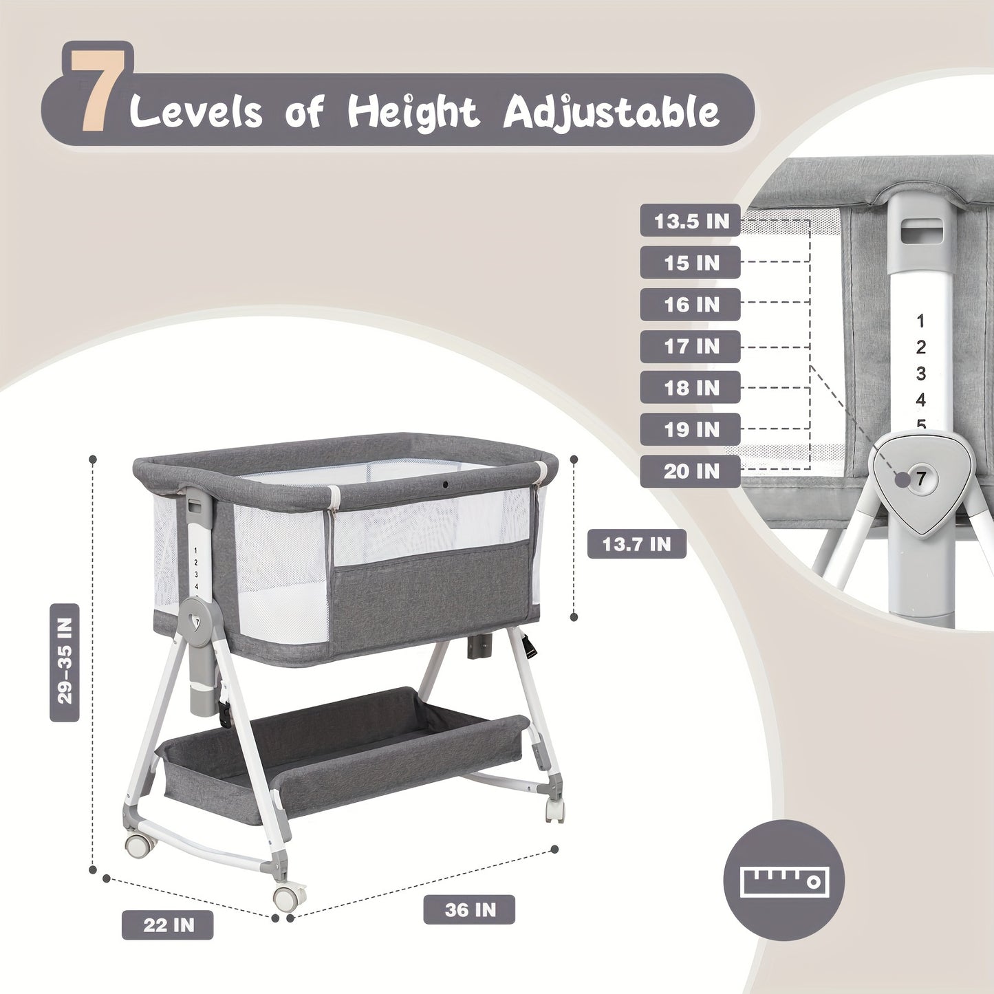 Baby Bassinet, 3 in 1 Bedside Bassinet for Baby with Hanging Toys, Portable Foldable Baby Bassinets Bedside Sleeper, 4-Sided Mesh Bedside Crib with Wheels and Storage Basket, 7 Height Adjustable   Grey