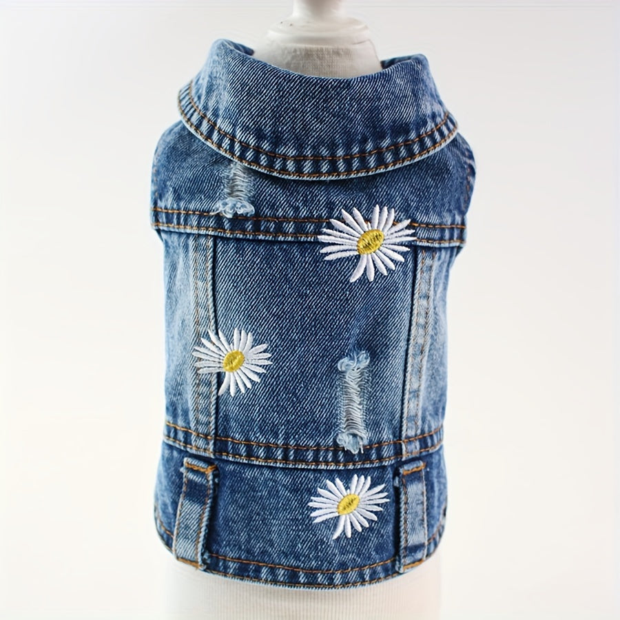 1pc Trendy Daisy Dog Denim Jacket - Breathable, Durable Pet Apparel for Spring, Summer, and Fall