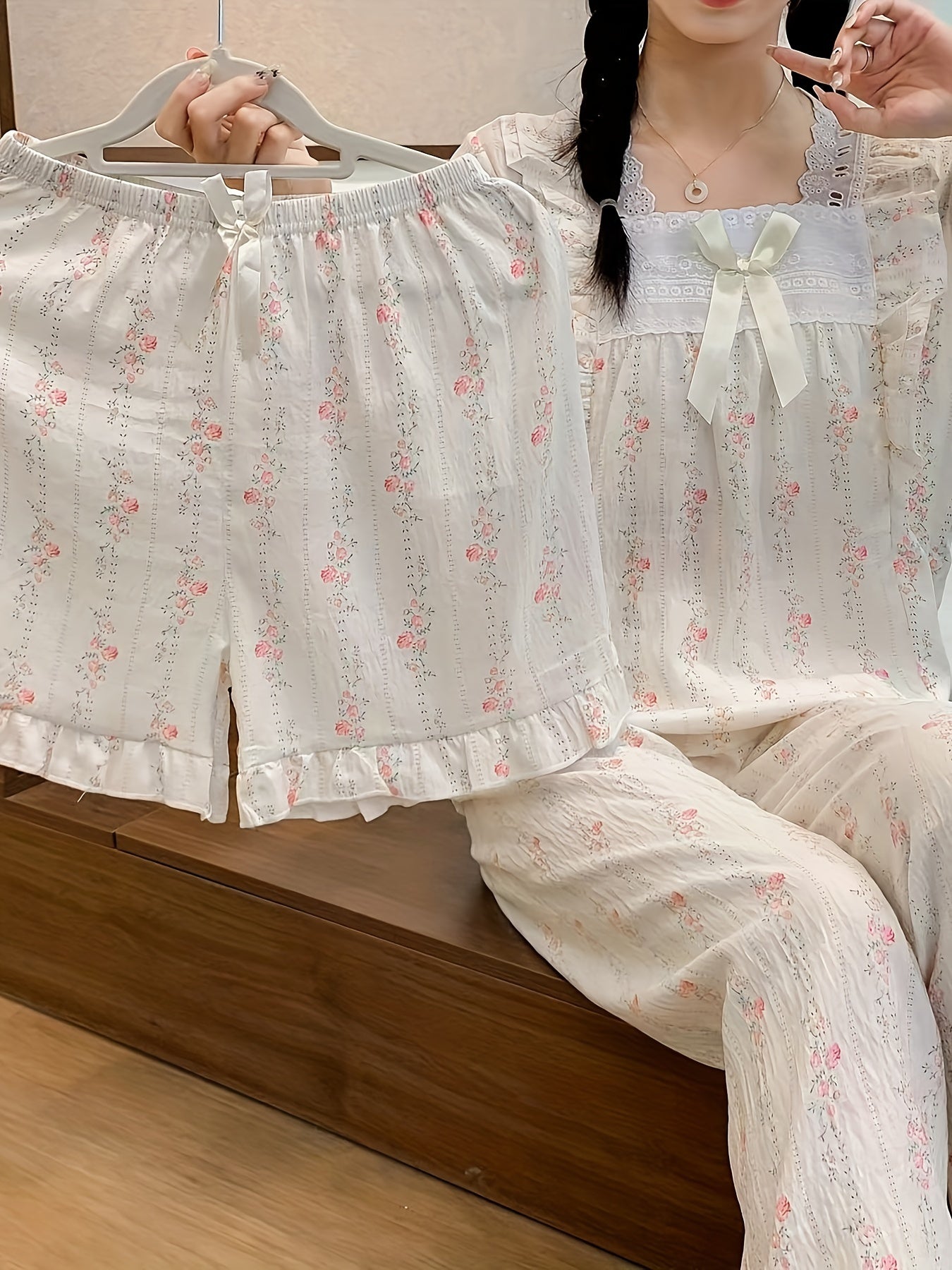 Women's Floral Print Sweet Contrast Lace Ruffle Hem Pajama Set, Puff Sleeve Bow Decor Square Neck Top & Shorts & Pants, Comfortable Relaxed Fit