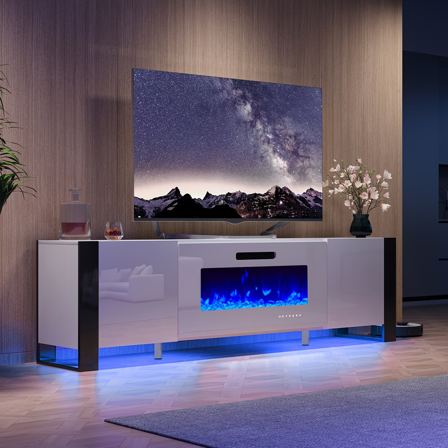 Fireplace TV Stand With Fireplaces, Modern High Gloss Entertainment Center LED Lights, U-Shaped Legs TV Console Cabinet For Living Room