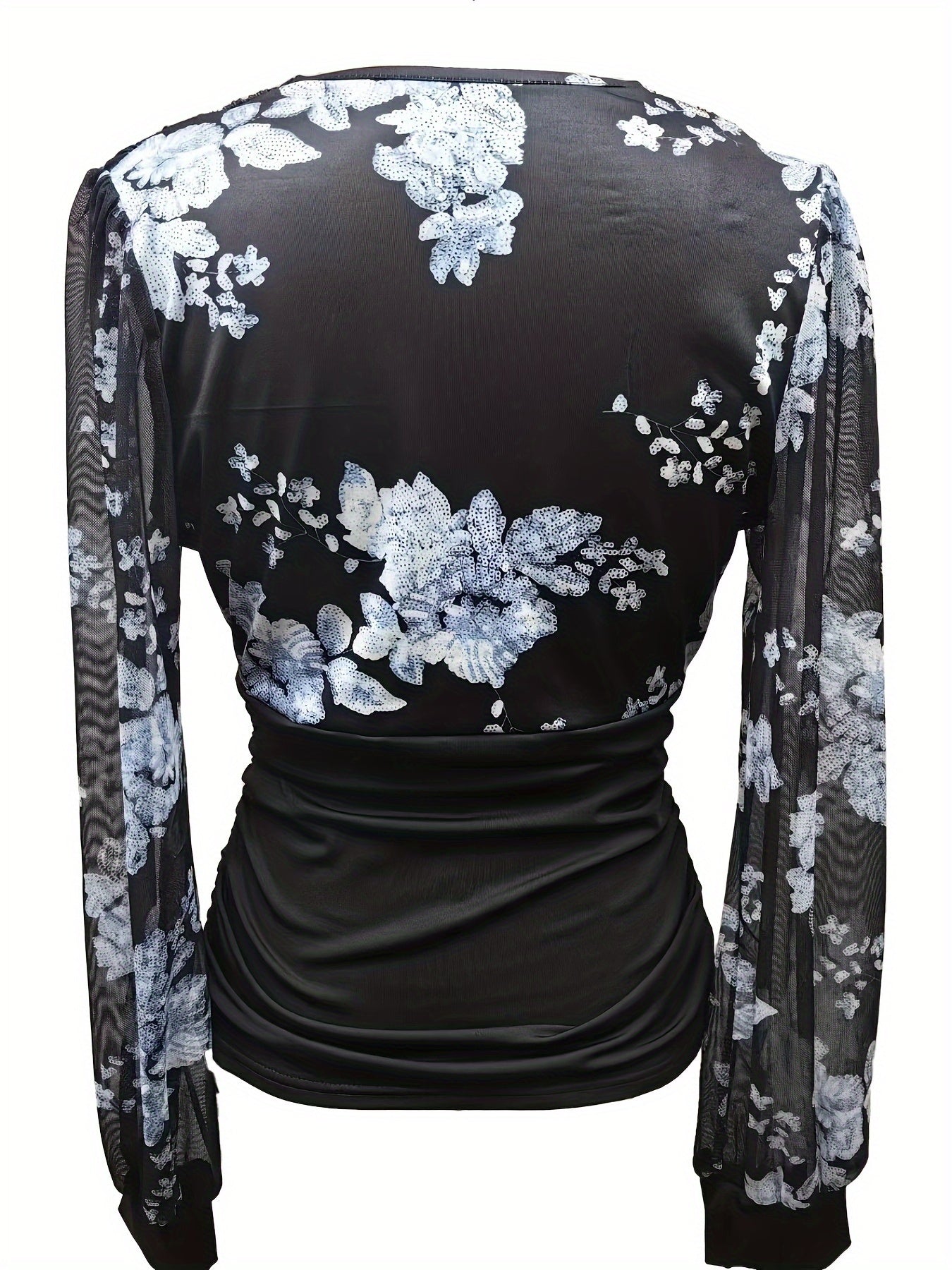 Women's Floral Print Plunge Neck Top with Long Illusion Sleeves for Spring and Fall