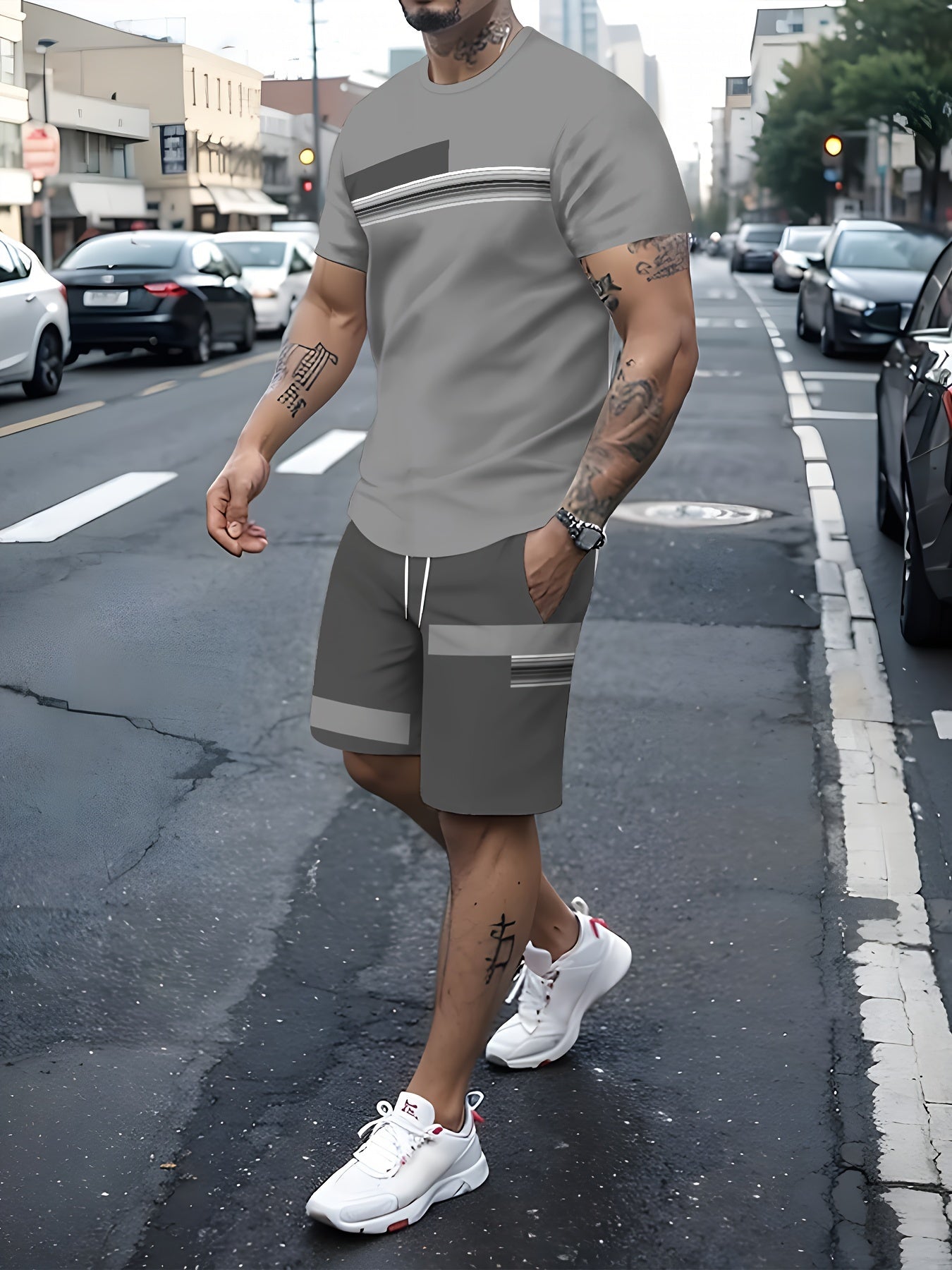 2-piece Men's Novelty Color Blocked Summerco ord set, Men's Short Sleeve Crew Neck T-shirt & Drawstring Shorts With Pockets