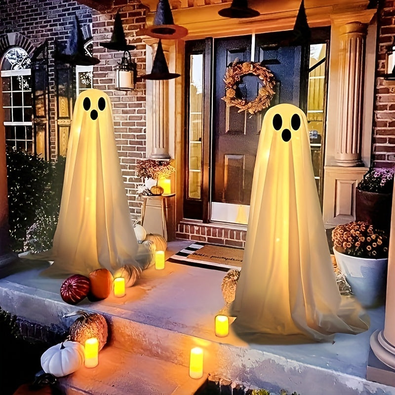 Halloween Ghost Decorations (Set of 2) with LED Lights, AA Battery-Operated, Plastic Outdoor Yard Garden Decor, Easy Assembly, Seasonal Spooky Ambience for Halloween, Christmas, Easter, New Year - Batteries Not Included