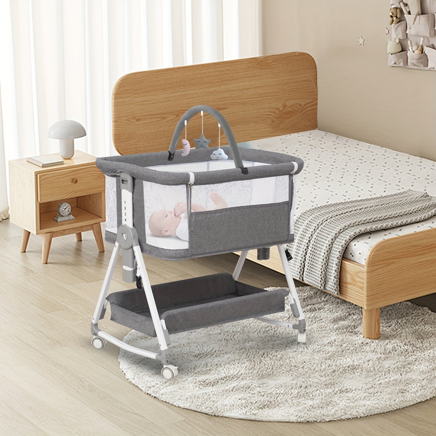 Baby Bassinet, 3 in 1 Bedside Bassinet for Baby with Hanging Toys, Portable Foldable Baby Bassinets Bedside Sleeper, 4-Sided Mesh Bedside Crib with Wheels and Storage Basket, 7 Height Adjustable   Grey