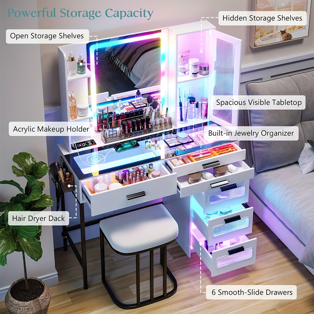 Dressing table with automatic sensor RGB light and wireless/USB/C-type charging glass top dressing table,with chairs and6drawers