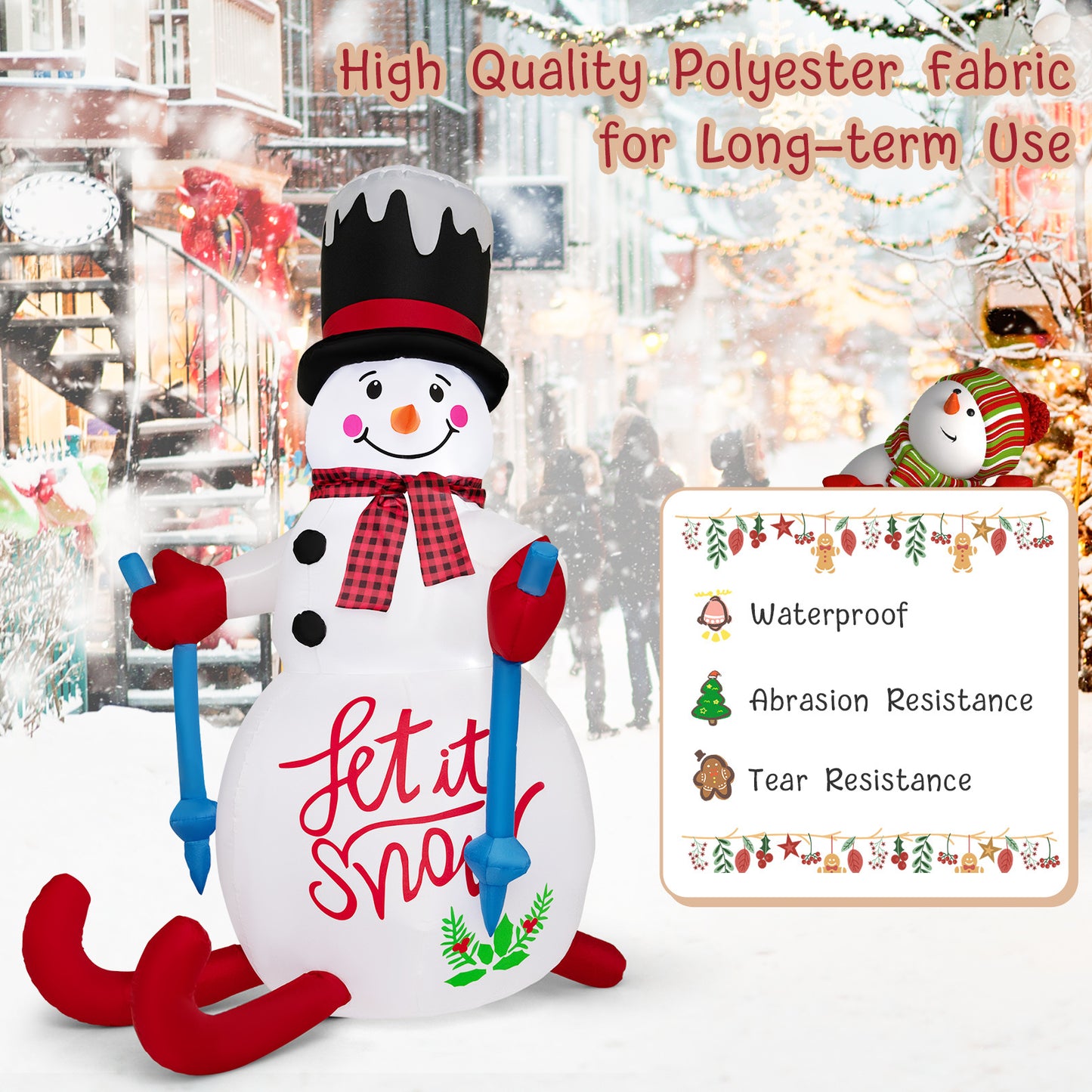 Costway 6FT Christmas Inflatable Skiing Snowman, Christmas Decoration with LED Lights, Hat Scarf, Self Inflating Holiday Decor with Built-in Sandbag, Indoor Outdoor Blow up Decoration for Yard, Party, Lawn