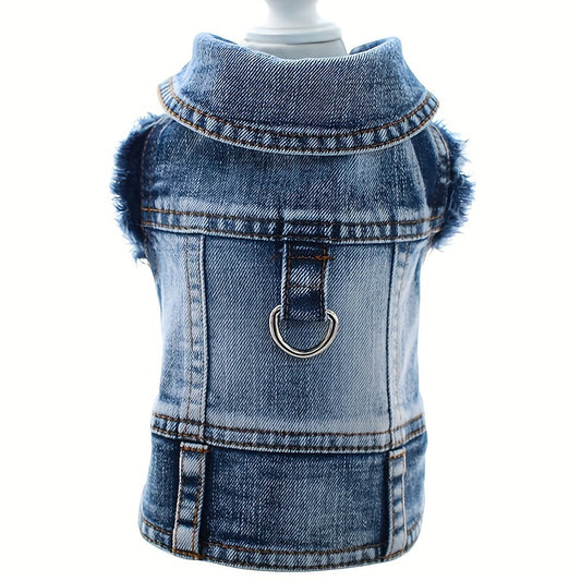 Denim Dog Vest Harness for Small Breeds, Jean Jacket Style withTraction Buckle, Spring/Autumn Pet Clothing for Bichon, Teddy, Pomeranian