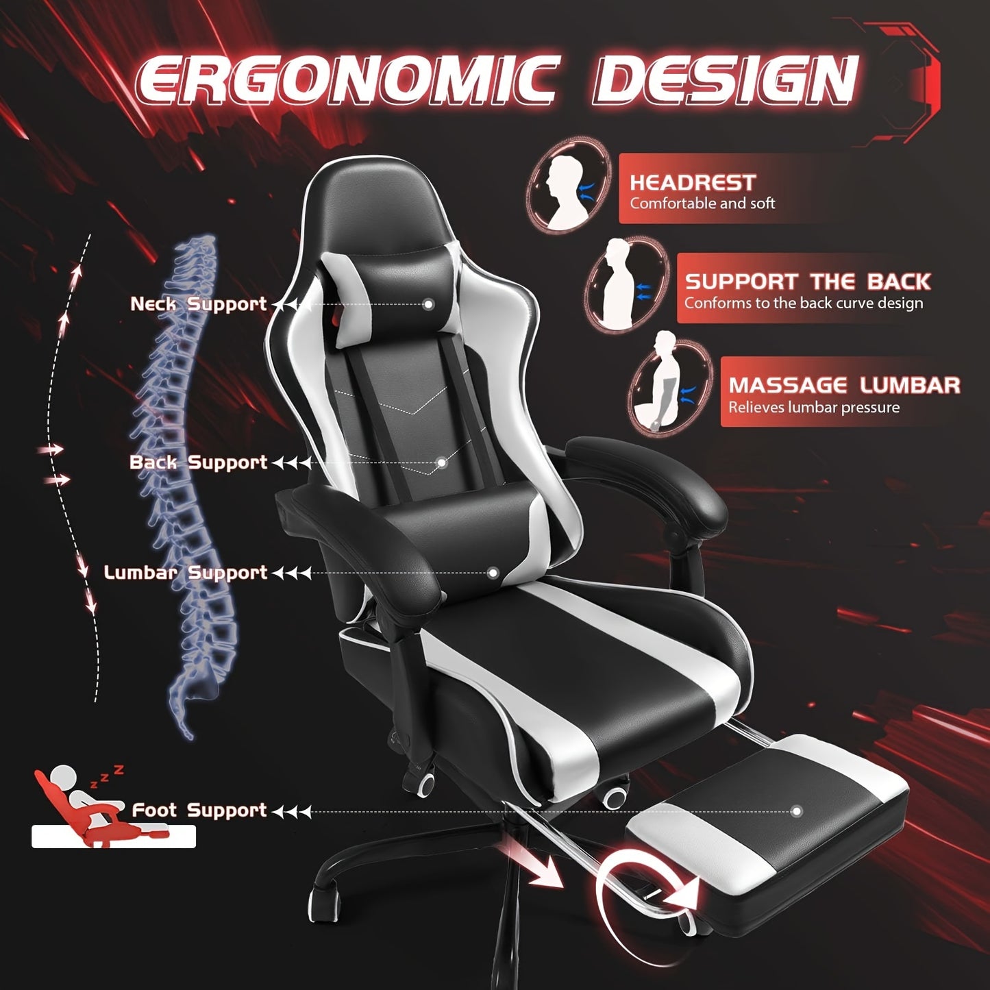 Homall PU leather gaming chair with massage and foot support