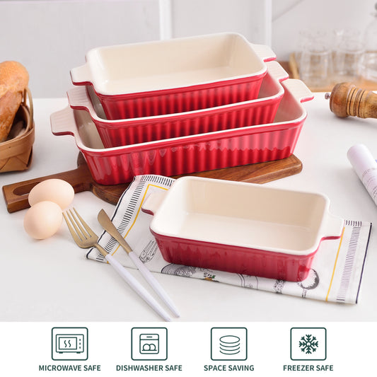 Rectangular Baking Dish Set Of 4 (9"/11"/12"/14"), Oven To Table Baking Dish With Ceramic Handles Ideal For Lasagne/Pie/Casserole/Tapas, Red