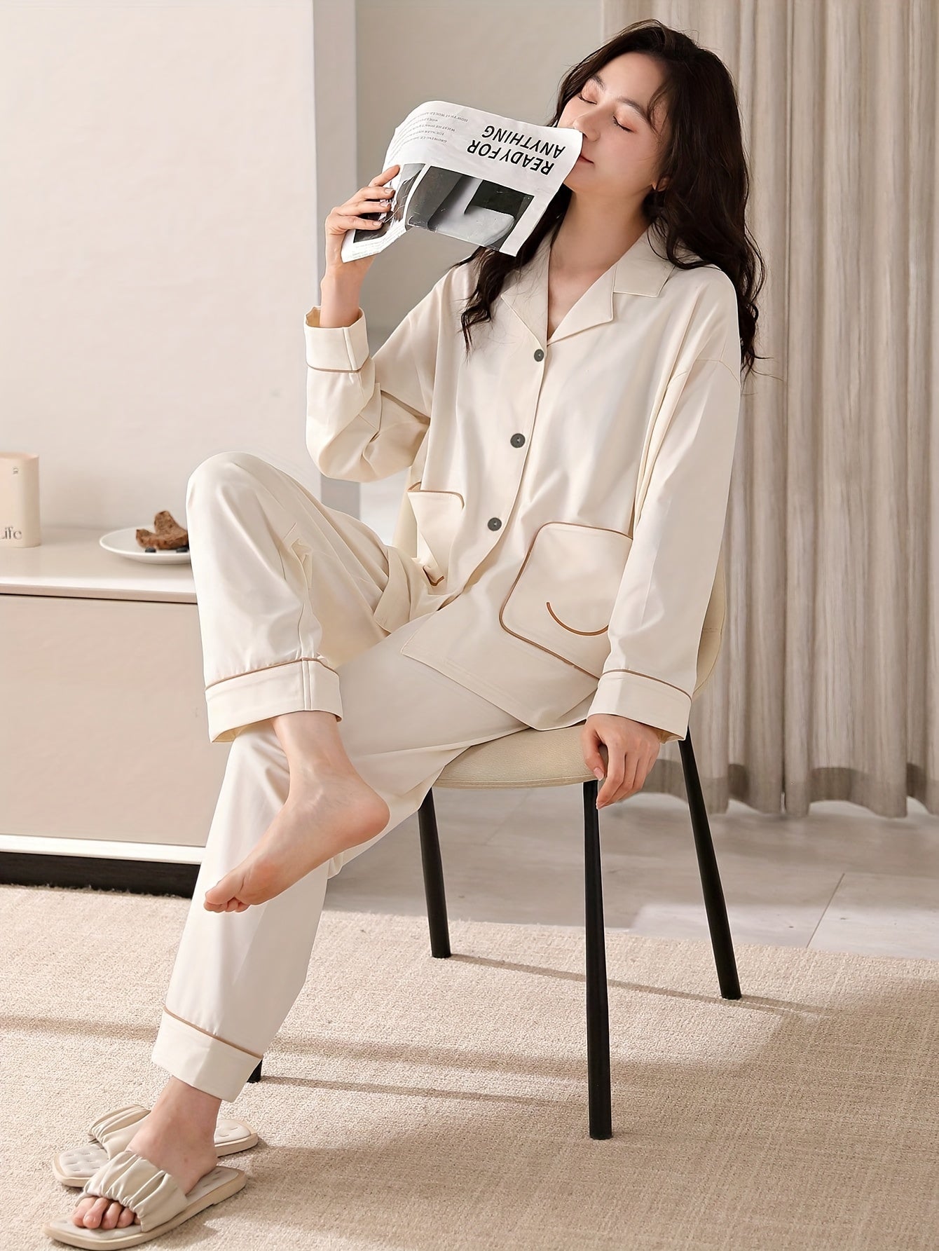 Women's Casual Solid Loose Fit Pajama Set, Long Sleeve Buttons Lapel Pocketed Top & Pants, Comfortable Relaxed Fit, Summer Nightwear