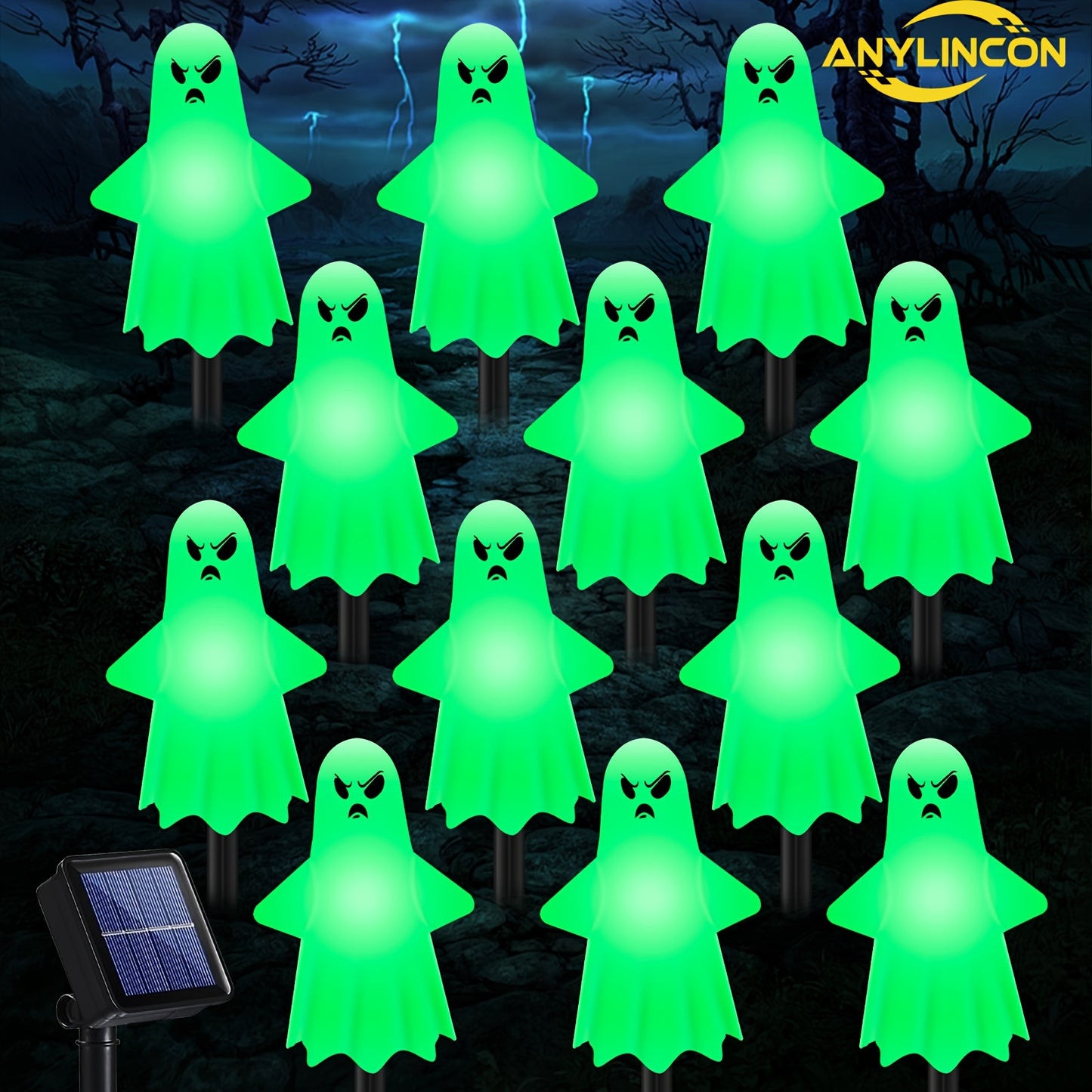 Anylincon 12pcs Solar-Powered Ghost Lights - Perfect For Halloween & Day Of The Dead Decor | Spooky Heads With 8 Lighting Modes | Ideal For Pathways, Landscapes, Yards & Lawns | Durable Plastic, Easy Install