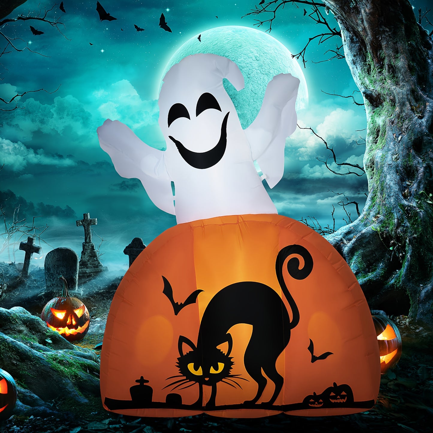 HOMCOM 5ft Halloween Inflatables Outdoor Decorations Ghost With Pumpkin, Outdoor Blow Up Yard Decor With LED Lights For Garden, Lawn, Party, Holiday