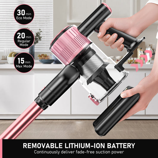 Cordless Vacuum Cleaner, 30Kpa Powerful Suction 8 in 1 Stick Vacuum with LED Display, 3 Modes Suction, Anti-Tangle & Dust Cup, Lightweight Vacuum for Hardwood Floor/Carpet/Pet Hair, Pink