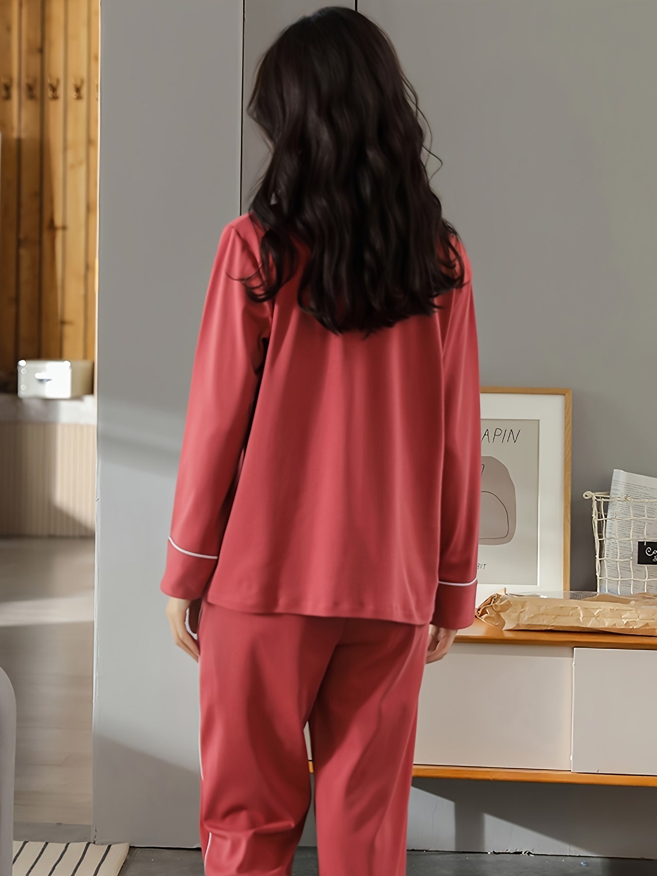 Women's Solid Contrast Binding Casual Pajama Set, Long Sleeve Buttons Lapel Top & Pants, Comfortable Relaxed Fit For Fall