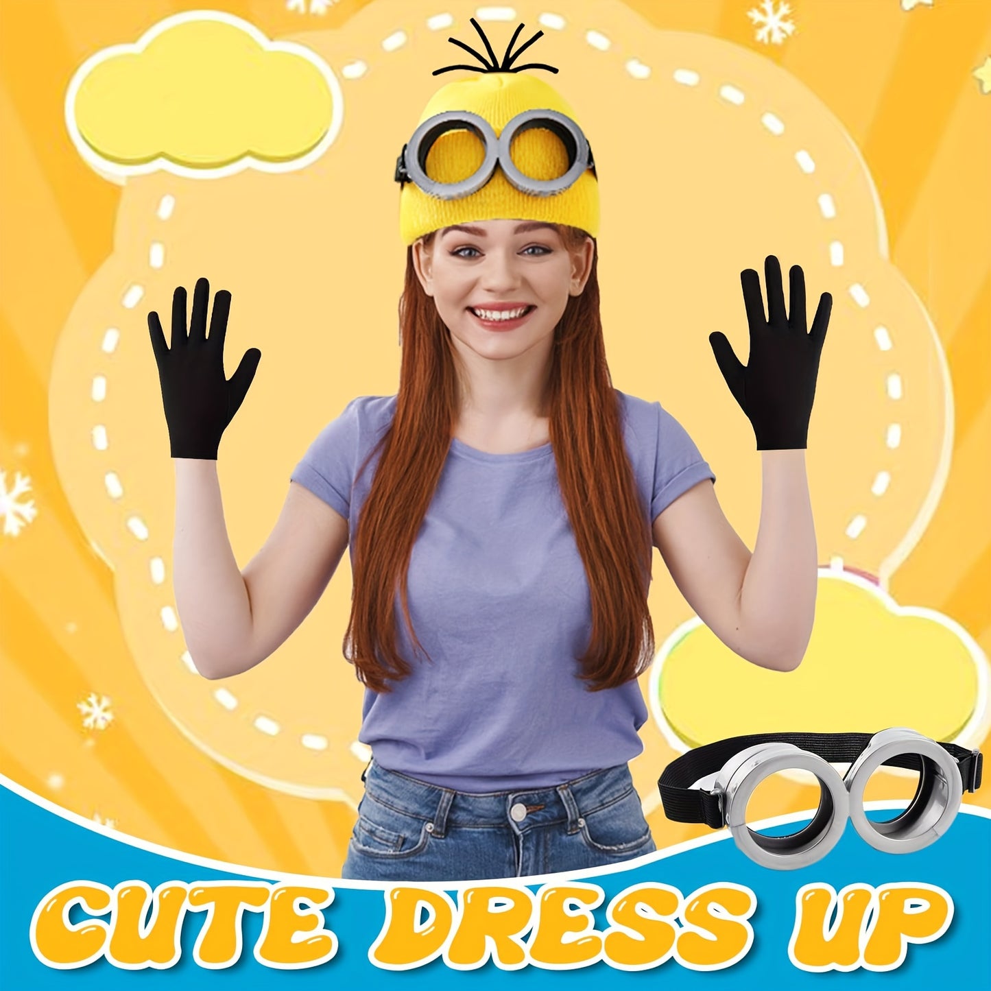 Adult Yellow Cartoon Costume Set with Big Eyes Goggles & Hat - Perfect for Fancy Dress Parties & Cosplay