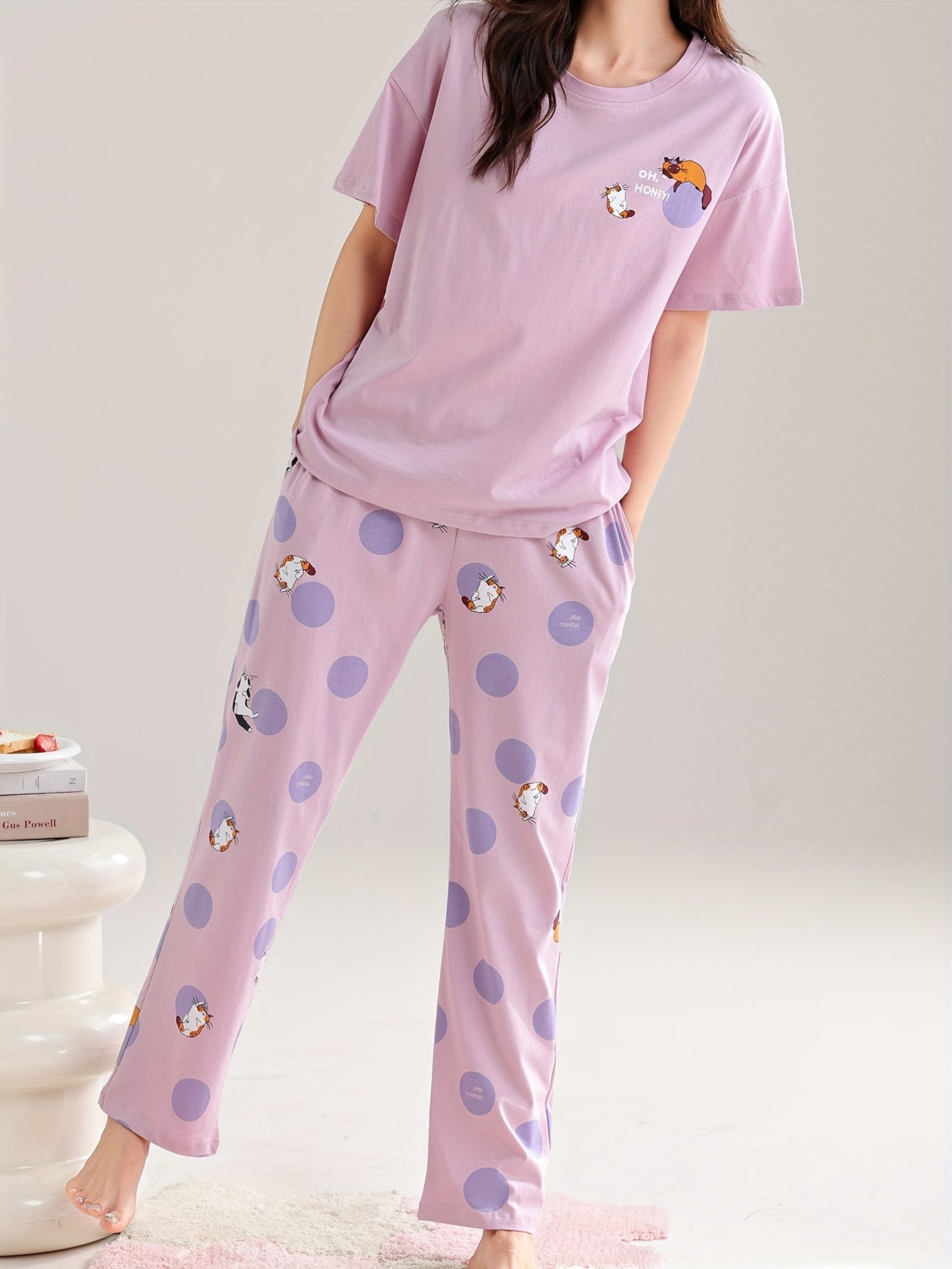 Women's Cute Cat & Polka Dot Print Lounge Set, Short Sleeve Round Neck Top & Pants, Comfortable Relaxed Fit