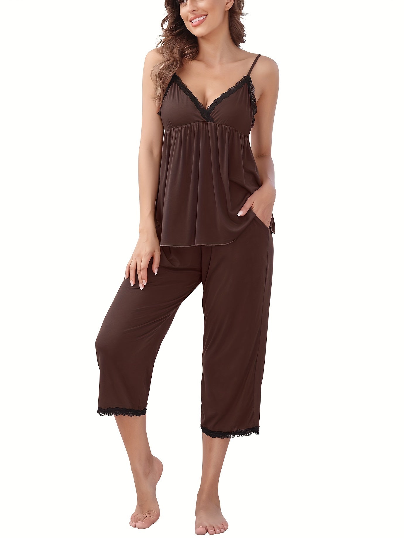 Mature Solid Lace Trim Pajama Set, V Neck Backless Peplum Cami Top & Capri Pants, Women's Sleepwear