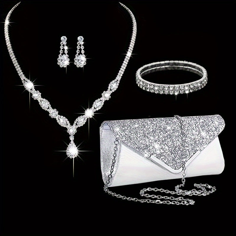 Elegant Women's 3pcs Set: Sequin Clutch with Detachable Chain Strap, Luxe Rhinestone Necklace & Earrings - Perfect for Evening & Banquets