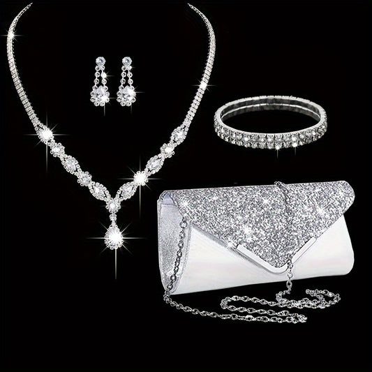 Elegant Women's 3pcs Set: Sequin Clutch with Detachable Chain Strap, Luxe Rhinestone Necklace & Earrings - Perfect for Evening & Banquets